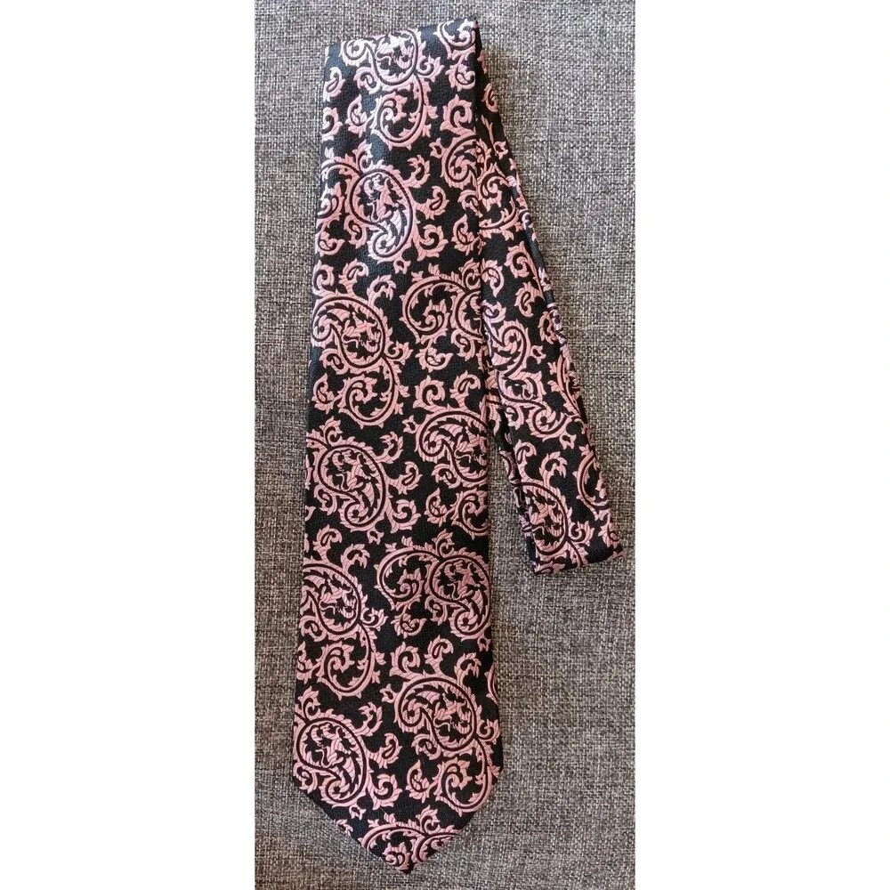 Dress Tie 70s 80s 90s Y2K Mens Black Pink Paisley 4.25 Wide